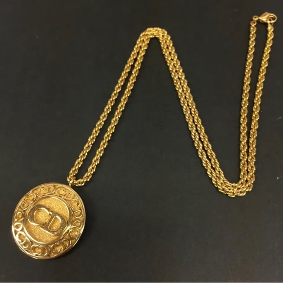 Dior Jewelry - Authentic Vintage Christian Dior Logo Gold Tone Medallion Necklace